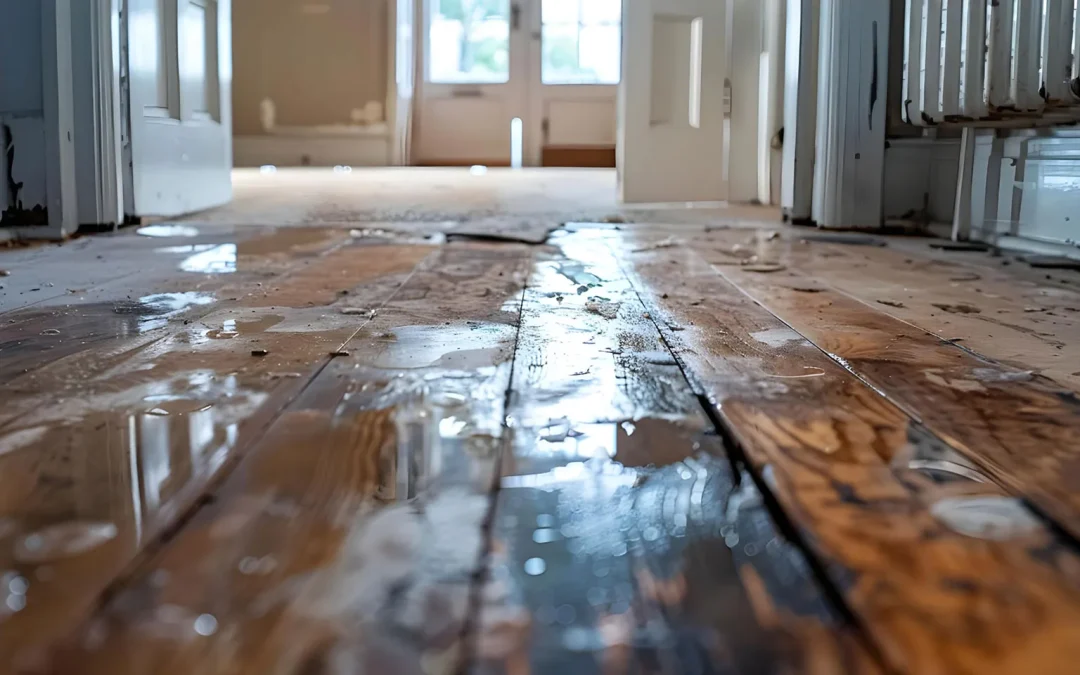 Signs of potential issues and damage in a waterdamaged home floor Concept Discoloration Warping Swelling Mold Growth Foul Odors