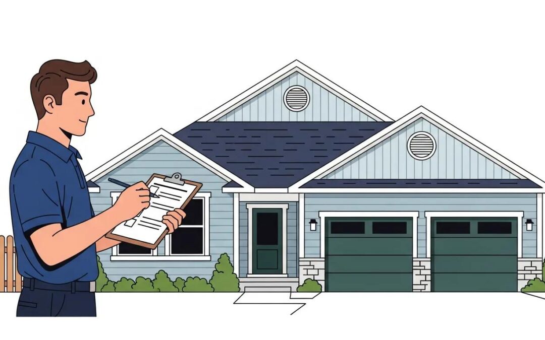Illustration of a young adult male home inspector standing in front of a modern suburban single-story house, side view, he is holding a clipboard with checklist and writing with a pen, focused expression, wearing navy blue short-sleeve polo shirt, dark pants, looking at the house, clipboard held in left arm, pen in right hand, house has light blue-gray siding, dark gray roof, white trim, round attic vent, two-car garage with dark green doors, simple wooden fence on the left, small landscaped bushes, clean minimalist style, friendly professional atmosphere, bright daylight, flat illustrative vector art style, clear lines, pleasant color palette, modern American suburban house, character stands about 30–40% from the left edge, composition with house taking most of the right side of frame