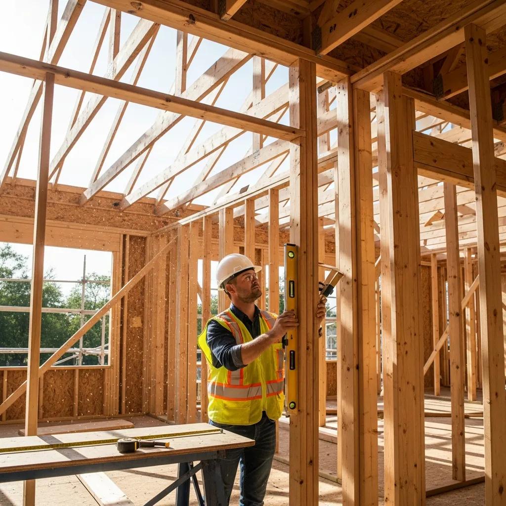 Construction inspector checking framing alignment and structural integrity at construction site.